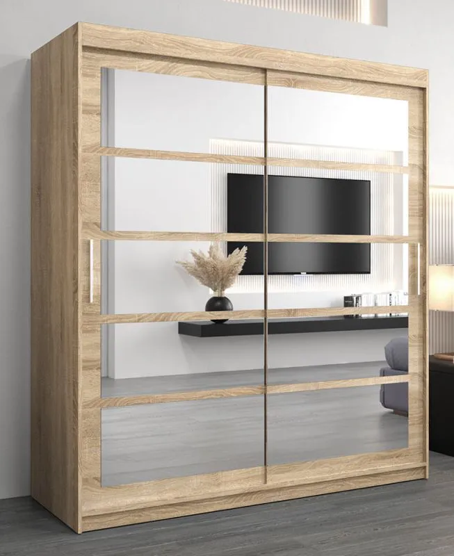 Schiebetürenschrank / Kleiderschrank Aizkorri 04B mit Spiegel, Farbe: Eiche Sonoma - Abmessungen: 200 x 180 x 62 cm (H x B x T)