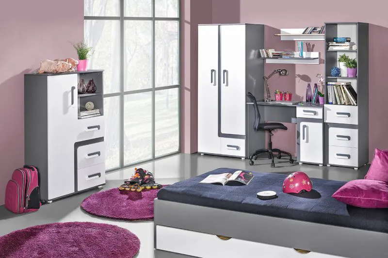 Jugendzimmer Kinderzimmer Komplett - Set B Oskar, 8-teilig, Farbe: Anthrazit / Weiß