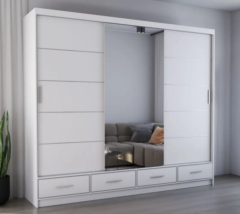 Schiebetürenschrank / Kleiderschrank mit Spiegel Weiß | Lusatian 31 | 218 x 250 x 61cm | 3 Türen | 4 Schubladen | 7 Fächer | viel Stauraum | Einfarbig