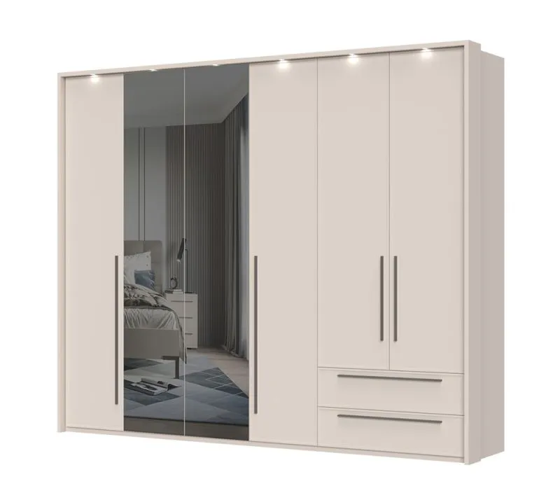 Breiter Drehtürenschrank mit LED-Rahmen Neiafu 79, Farbe: Kaschmir, zwei Spiegeltüren, zwei Schubladen, Soft-Close-Funktion, Maße: 224 x 272 x 56 cm