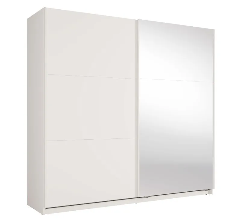 Schiebetürenschrank |  6 Fächer | mit Spiegel | 1 Kleiderstange | Weiß | 221 x 60 x 207 cm | Metallgriffe | Soft-Close-System | Igoumenitsa 01 | 2 Schiebetüren