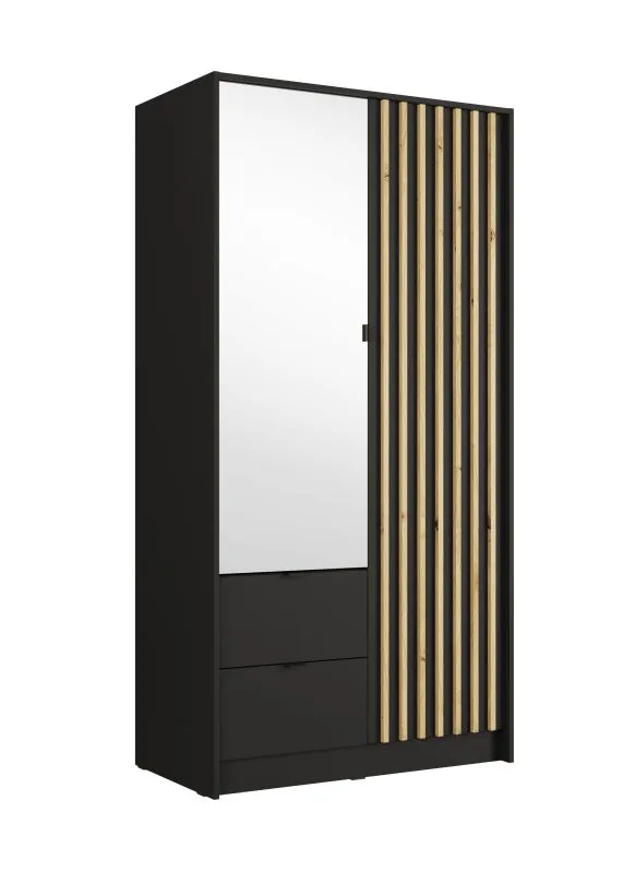 Drehtürenschrank/Kleiderschrank mit Lamellen | 101,7 x 54,5 x 200,5 cm | 2 Schubladen | großer Spiegel | 1 Kleiderstange | 5 Fächer | Metallgriffe | Iraklio 02