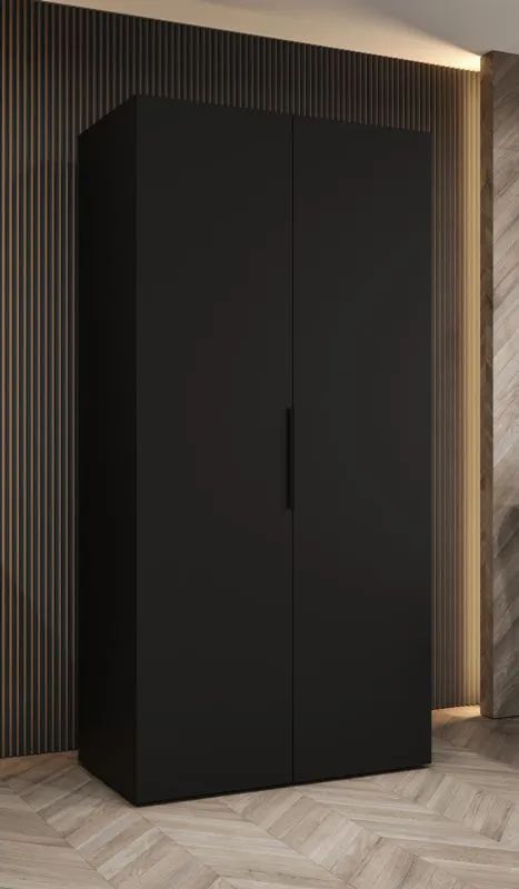 Drehtürenschrank / Kleiderschrank mit zwei Türen Korab 06, Farbe: Schwarz, 1 Meter breit, Griffe: Schwarz, eine Kleiderstange, Soft-Close-Funktion