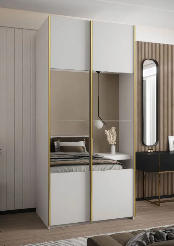 Kleiderschrank / Schiebetürenschrank | Farbe: Weiß | 245,5 x 140 x 64 cm | 2 Kleiderstangen | Soft-Close-Funktion | 6 Fächer | 2 Schiebetüren | Spiegel