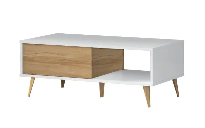 Couchtisch Tuanai 06, Farbe: Eiche / Weiß Hochglanz - 111 x 60 x 43 cm (B x T x H)