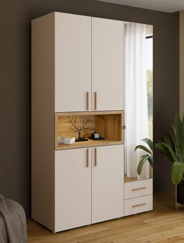 Drehtürenschrank / Kleiderschrank | Farbe: Kaschmir / Eiche Artisan | 1 Spiegeltür | 135 x 56 x 227 cm | zwei Schubladen | fünf Fächer | zwei Kleiderstangen