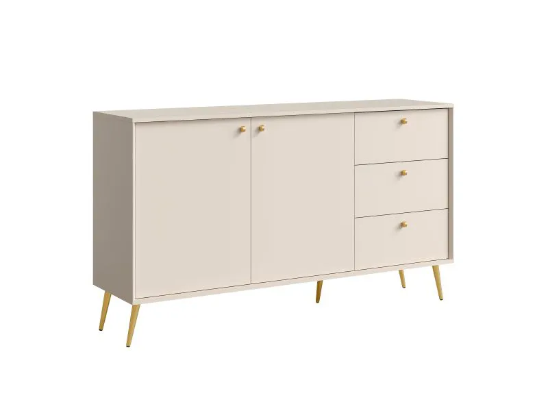 Sideboard / Kommode mit drei Schubladen Egaleo 02, Farbe: Beige, zwei Türen, zwei Fächer, Griffe & Beine: Metall, Maße: 89 x 156 x 40,5 cm, ABS-Kanten