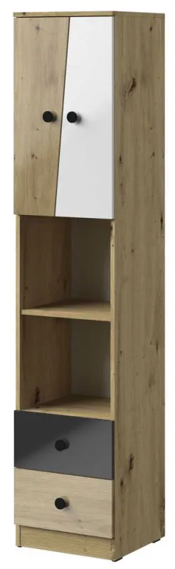 Schrank Sirte 05, Farbe: Eiche / Weiß / Schwarz Hochglanz - Abmessungen: 190 x 40 x 40 cm (H x B x T)