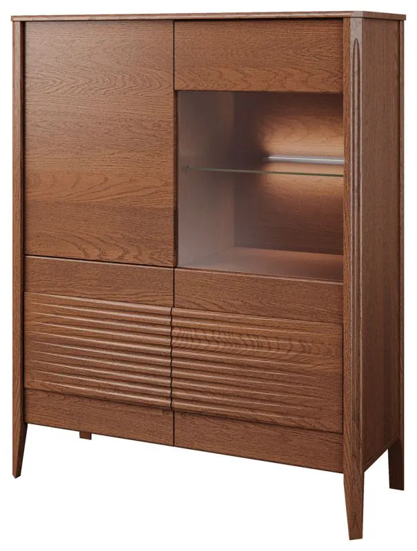 Vitrine mit Glastür rechts Gorica 05, in Eiche Rustikal, 140 x 111 x 45 cm, mit LED-Beleuchtung, Soft Close System, teilmassiv, Antisol-Glas Bronze
