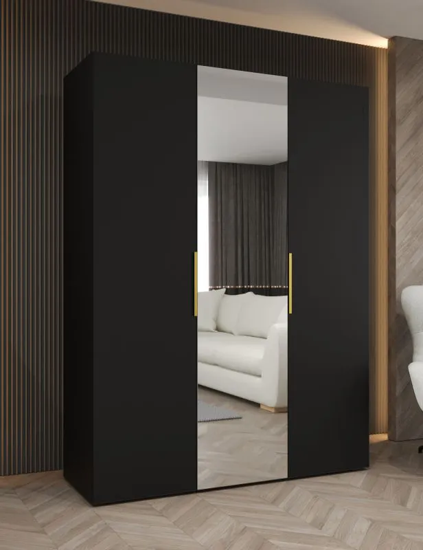 Drehtürenschrank mit 1,5 Meter breite Korab 74, Farbe: Schwarz, Soft-Close-Funktion, eine Spiegeltür, zwei Kleiderstangen, Griffe: Gold, zwei Fächer