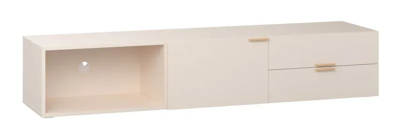 TV-Unterschrank | Farbe: Beige | zwei Schubladen | Griffe: Eiche | 1 Kabeldurchführung | Maße: 187 x 42 x 36 cm | zwei Fächer | Soft-Close-Funktion
