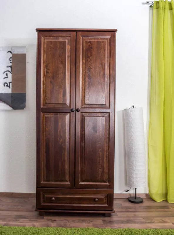 Schmaler Kleiderschrank | 2 Drehtüren | 1 Schublade | 4 Fächer | mit Kleiderstange | 80 cm breit | Massivholz | Farbe: Nuss Abbildung