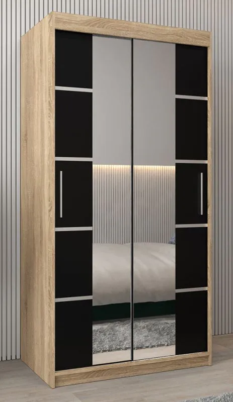 Schiebetürenschrank / Kleiderschrank Jan 01D mit Spiegel, Farbe: Eiche Sonoma / Schwarz - Abmessungen: 200 x 100 x 62 cm ( H x B x T)