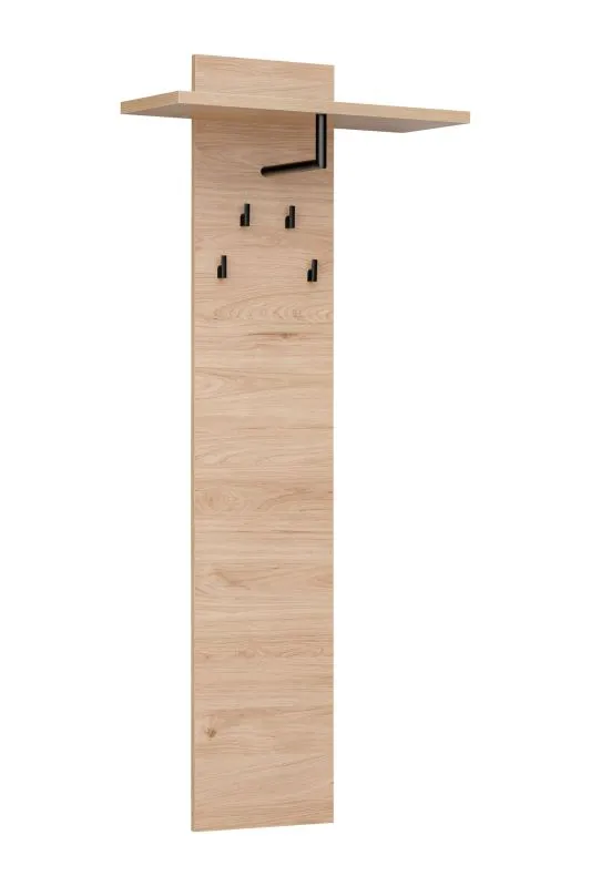 Garderobe mit vier Haken Angvik 02, Farbe: Eiche / Schwarz, Maße: 146 x 60 x 26,5 cm, einen Ablageboden, eine Kleiderstange, für den Vorraum