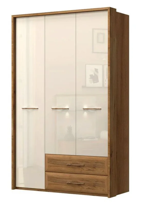 137 cm breiter Kleiderschrank mit 3 Türen, 4 Fächern und 2 Schubladen | Farbe: Beige | Tiefe: 56 cm Abbildung