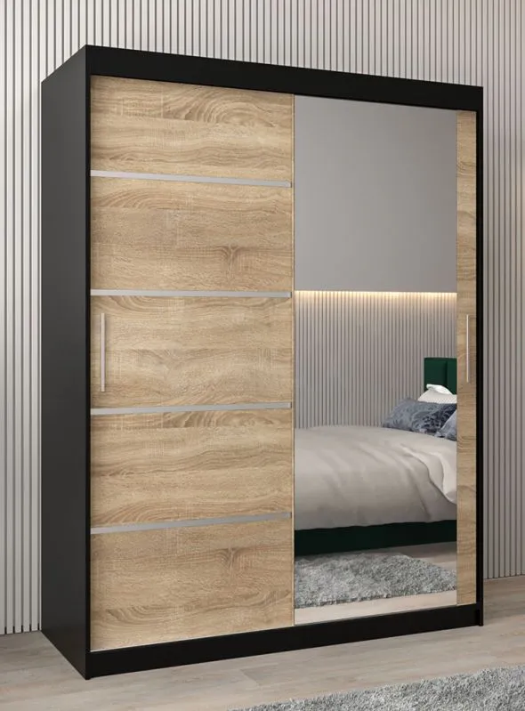 Schiebetürenschrank / Kleiderschrank Jan 03B mit Spiegel, Farbe: Schwarz / Eiche Sonoma - Abmessungen: 200 x 150 x 62 cm ( H x B x T)