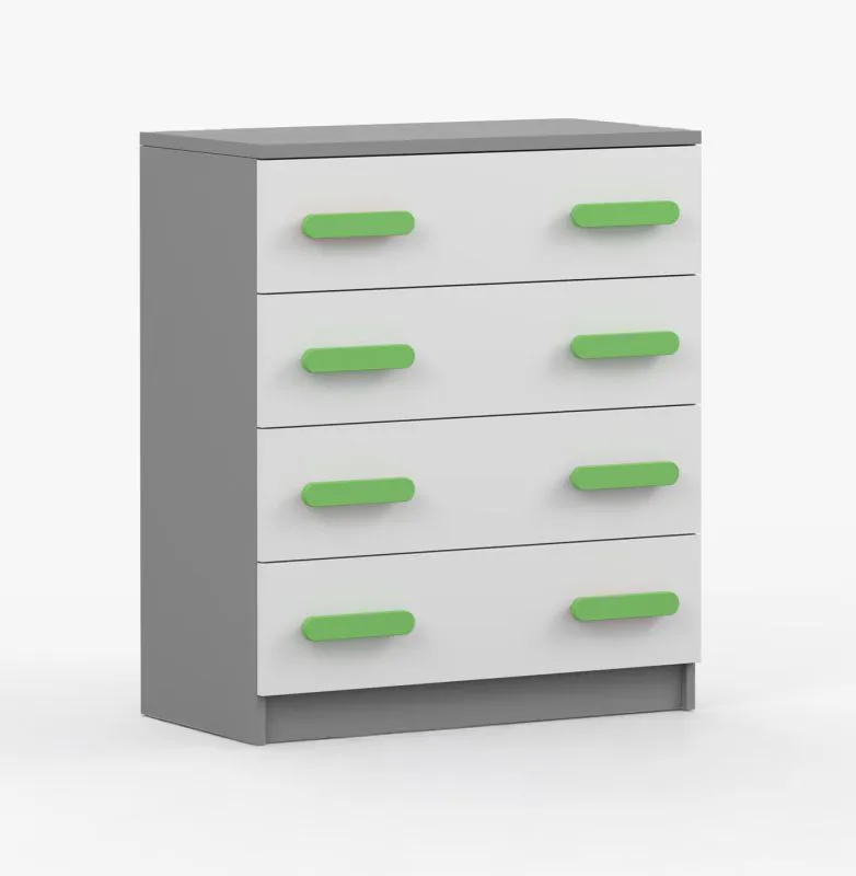 80 cm breite Kommode /| Weiß / Grau | Smolikas 12 | 90 x 80 x 40 cm | 4 geräumige Schubladen | grüne Holzgriffe | Zweifarbig | Kinder | Jugend