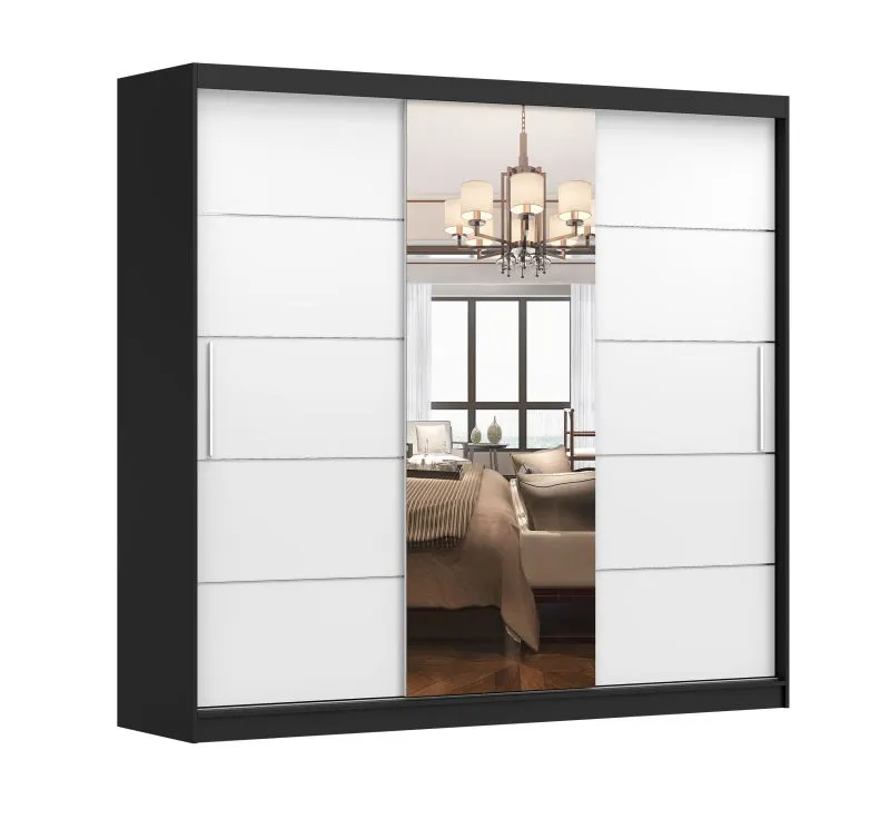 Schiebetürenschrank / Kleiderschrank mit Spiegel | 218 x 233 x 61 cm | Weiß / Schwarz | Gorski 58 | 2 Türen | 12 Fächer | viel Stauraum | eckig