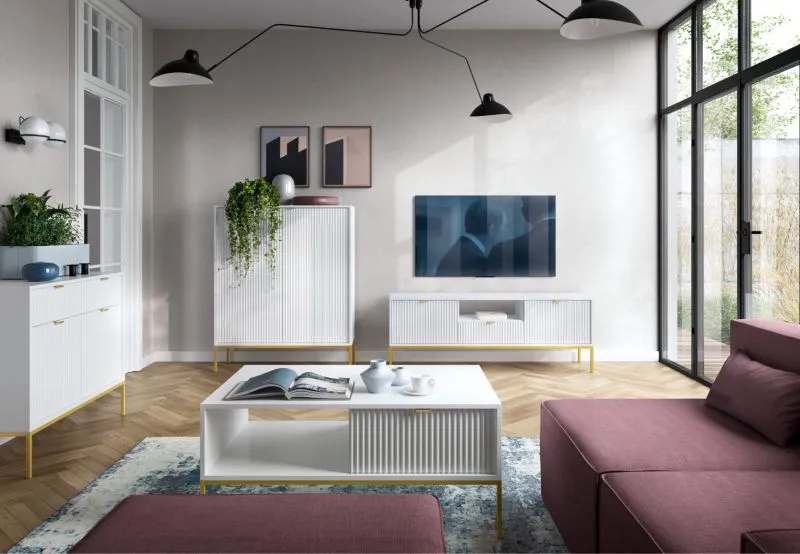 Wohnzimmer Komplett - Set I Worthing, 4-teilig, Farbe: Weiß / Gold
