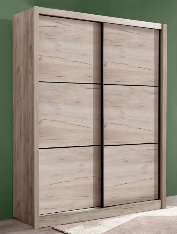 Schiebetürenschrank / Kleiderschrank Panevo 01, Farbe: Eiche Grau, sechs Fächer, eine Kleiderstange, Maße: 215,5 x 60 x 166 cm, für Schlafzimmer