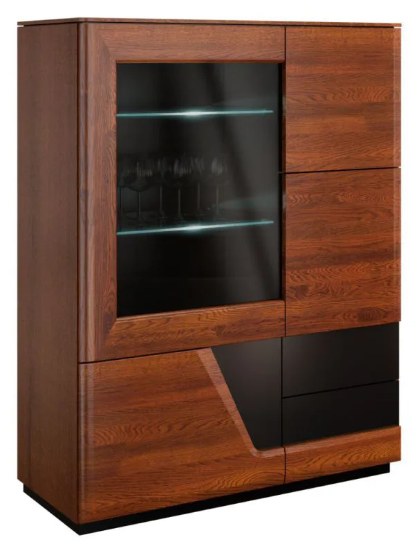 Vitrine mit Glastür links "Medulin" 22, Farbe: Walnuss / Schwarz, teilmassiv - Abmessungen: 131 x 102 x 43 cm (H x B x T)
