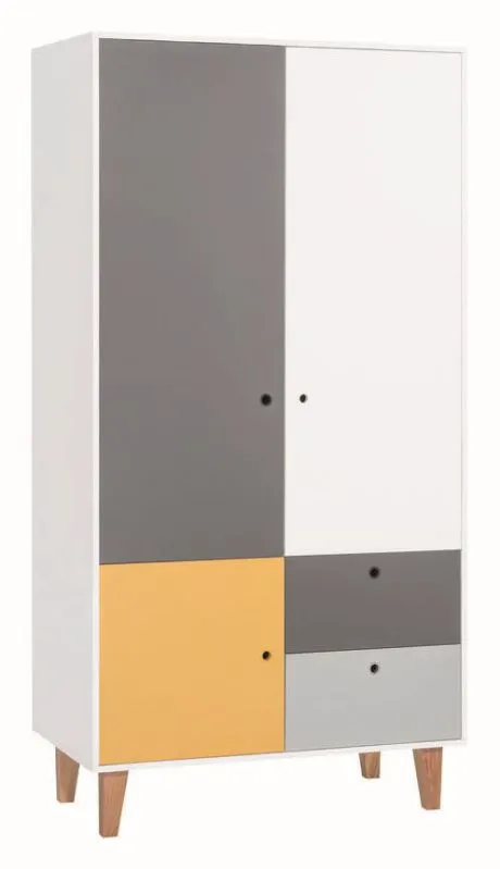 Jugendzimmer - Drehtürenschrank / Kleiderschrank Syrina 04, Farbe: Weiß / Grau / Gelb - Abmessungen: 202 x 104 x 55 cm (H x B x T)