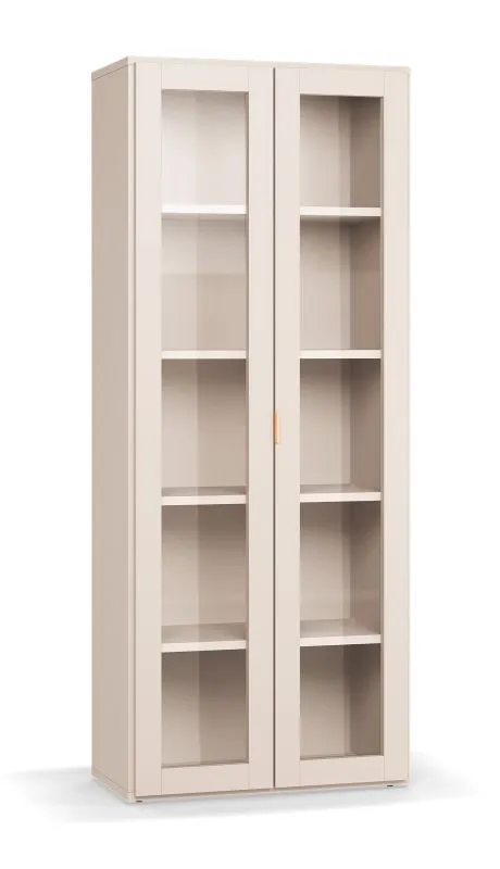 Vitrinenschrank | Farbe: Beige | 2 Glastüren | 5 Fächer | Soft-Close Funktion | Maße: 75 x 40 x 185 cm | inkl. LED-Beleuchtung | für Wohnzimmer