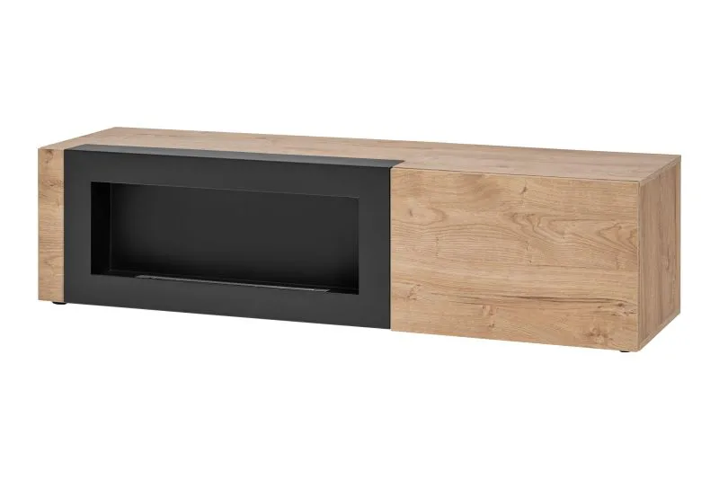 TV-Unterschrank | Bio-Ethanol Kamin | Farbe: Eiche Ribbeck / Schwarz matt | 1 Kipptür | Maße: 160 x 45 x 42 cm | 1 Fach| Push-to-open Funktion