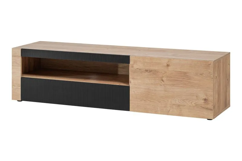 TV-Unterschrank | Push-to-open Funktion | Farbe: Eiche Ribbeck / Schwarz matt | 2 Kipptüren | Maße: 160 x 45 x 42 cm | 3 Fächer| für Wohnzimmer