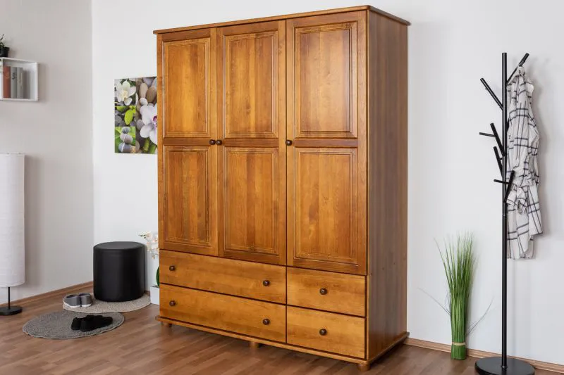 Kleiderschrank Kiefer Vollholz massiv Eichefarben Rustikal Junco 03 - Abmessungen: 195 x 154 x 60 cm (H x B x T)