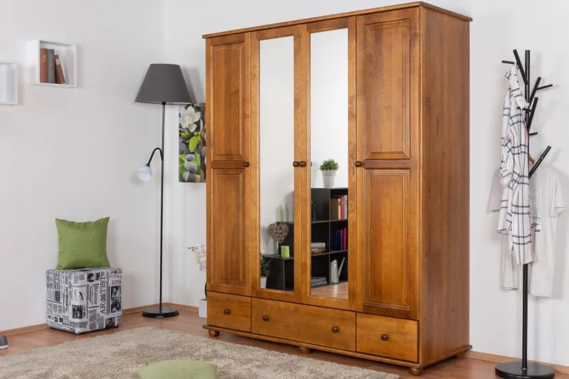 Kleiderschrank Kiefer Vollholz massiv Eichefarben Rustikal Junco 02 - Abmessung: 195 x 162 x 60 cm (H x B x T)