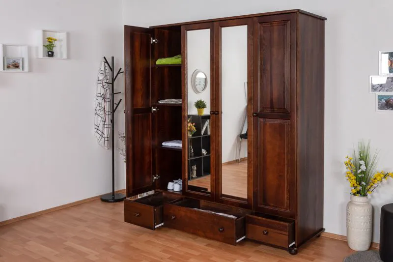 Kleiderschrank Kiefer Vollholz massiv Walnussfarben Junco 02 - Abmessung: 195 x 162 x 60 cm (H x B x T)