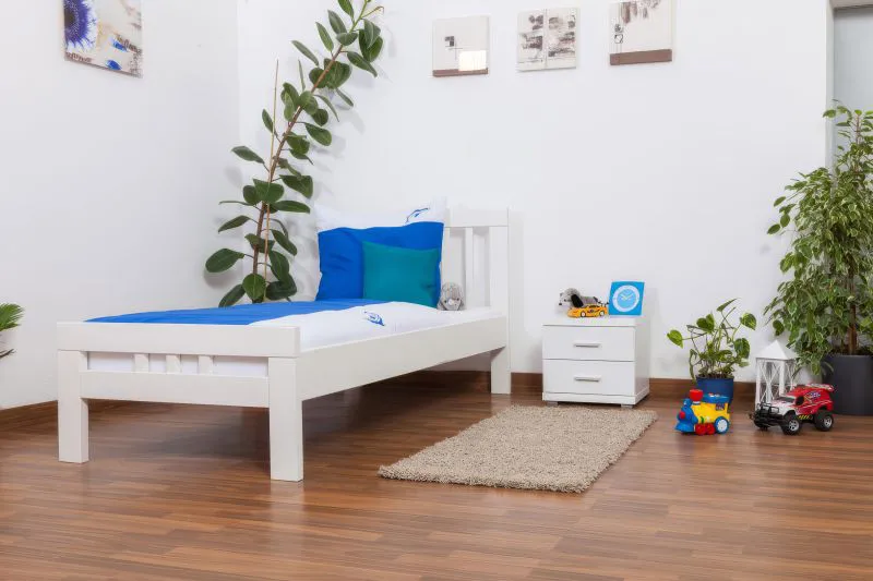 Kinderbett / Jugendbett "Easy Premium Line" K8, Buche Vollholz massiv weiß lackiert - Maße: 90 x 200 cm