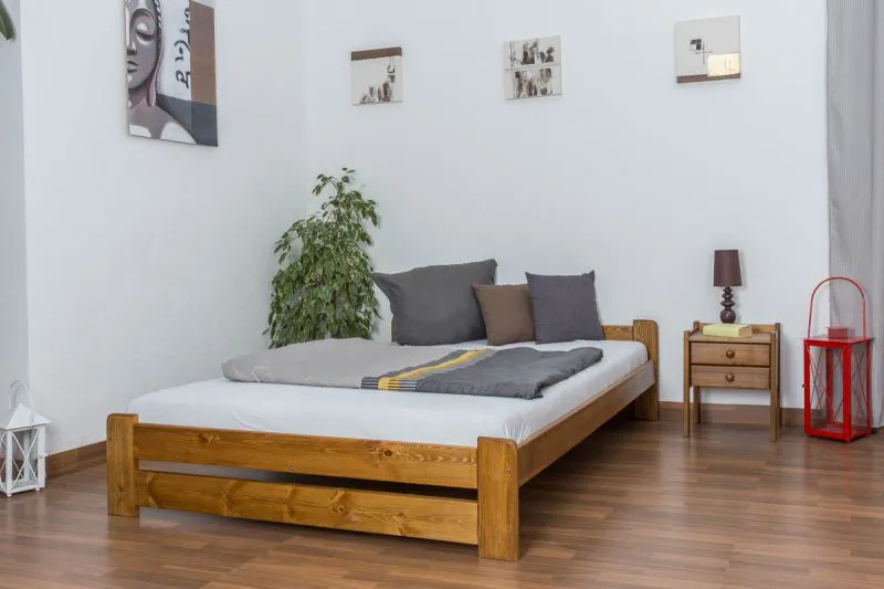 Kinderbett / Jugendbett Kiefer Vollholz massiv Eichefarben A9, inkl. Lattenrost - Abmessung 140 x 200 cm