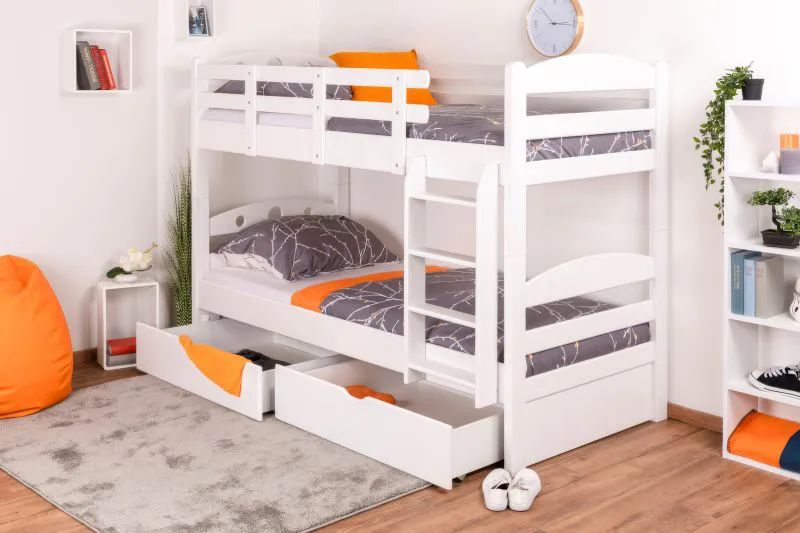 Etagenbett für Erwachsene "Easy Premium Line" K18/n inkl. 2 Schubladen und 2 Abdeckblenden, Kopfteil mit Löchern, Buche Vollholz massiv Weiß - 90 x 200 cm, (B x L) teilbar