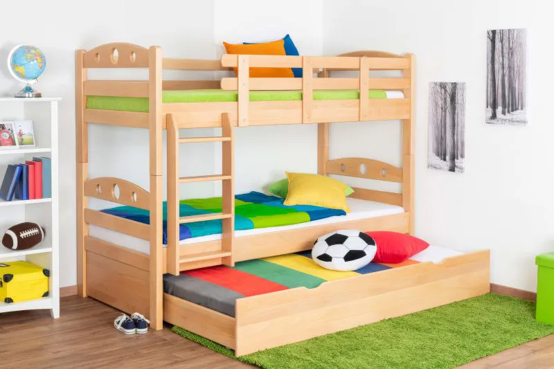 Etagenbett / Stockbett "Easy Premium Line" K19/h inkl. Liegeplatz und 2 Abdeckblenden, Kopf- und Fußteil mit Löchern, Buche Vollholz massiv Natur - Liegefläche: 90 x 200 cm (B x L), teilbar
