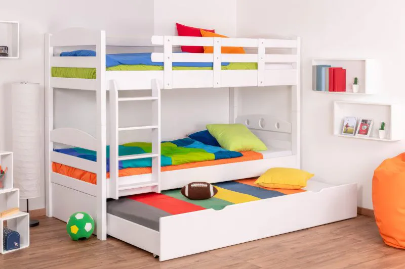 Etagenbett / Stockbett "Easy Premium Line" K18/h inkl. Liegeplatz und 2 Abdeckblenden, Kopfteil mit Löchern, Buche Vollholz massiv Weiß - Liegefläche: 90 x 200 cm, teilbar