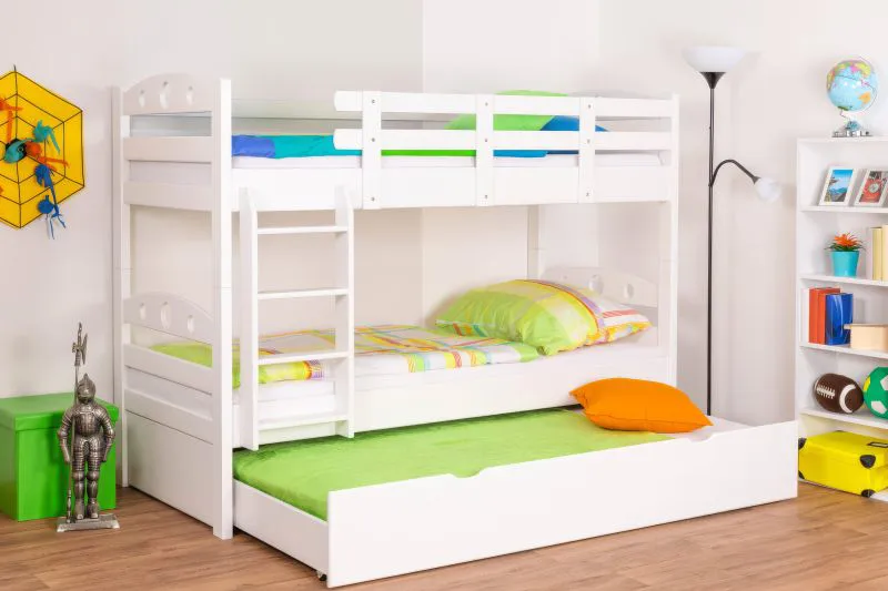 Etagenbett / Stockbett "Easy Premium Line" K19/h inkl. Liegeplatz und 2 Abdeckblenden, Kopf- und Fußteil mit Löchern, Buche Vollholz massiv Weiß - 90 x 200 cm (B x L), teilbar