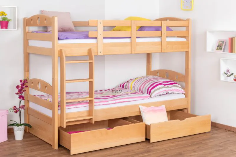 Etagenbett / Stockbett "Easy Premium Line" K19/n inkl. 2 Schubladen und 2 Abdeckblenden, Kopf- und Fußteil mit Löchern, Buche Vollholz massiv Natur - 90 x 200 cm (B x L), teilbar