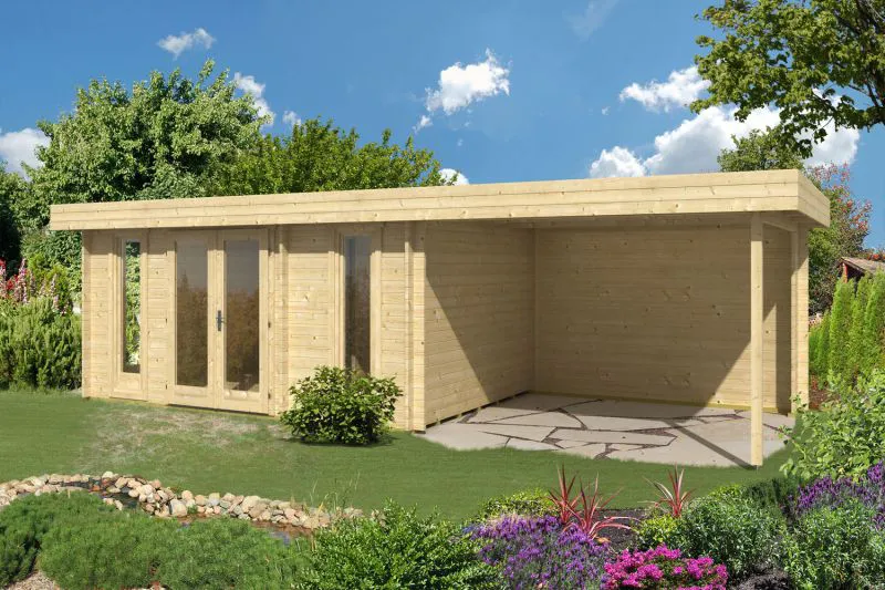 Gartenhaus Schönwipfel 03 mit Anbaudach inkl. Fußboden - 40 mm Blockbohlenhaus, Grundfläche: 22,5 m², Flachdach