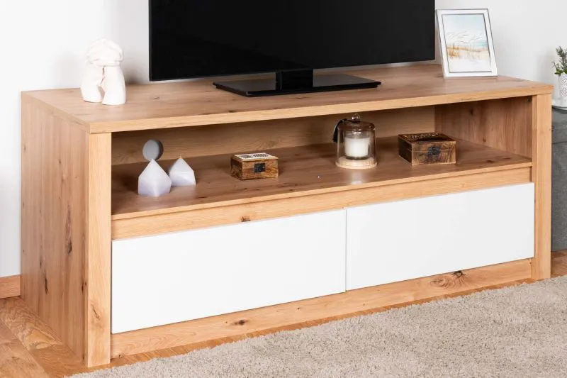 TV-Schrank / TV-Möbel Faleula 06, mit ABS Katenschutz, Eiche / Weiß, Maße: 52 x 130 x 53 cm, zwei Schubladen, ein offenes Ablagefach, für Wohnzimmer