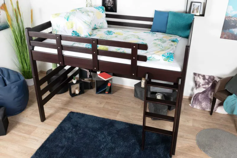 Hochbett 140 x 200 cm "Easy Premium Line" K23/n, Buche Massivholz Schokobraun lackiert, teilbar