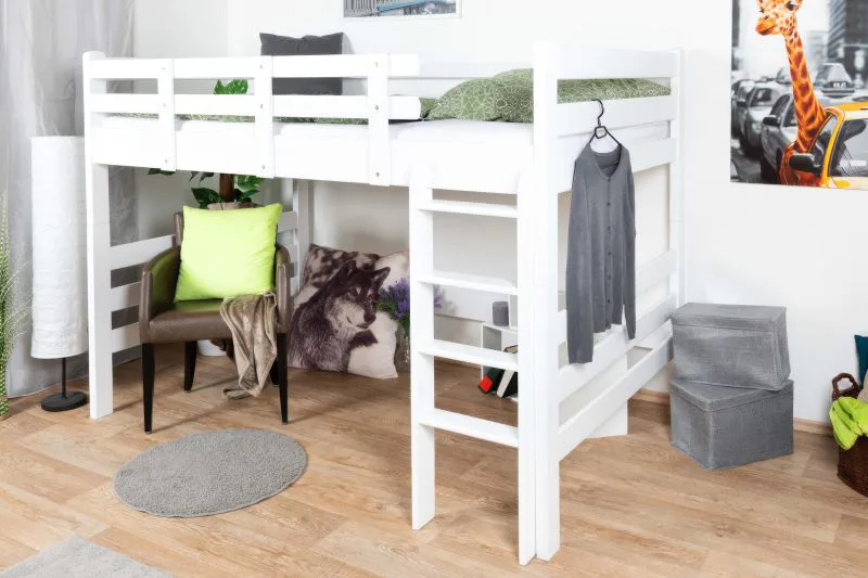 Hochbett 140 x 200 cm "Easy Premium Line" K23/n, Buche Massivholz Weiß lackiert, umbaubar auf Einzelbett, inkl. Rollrost