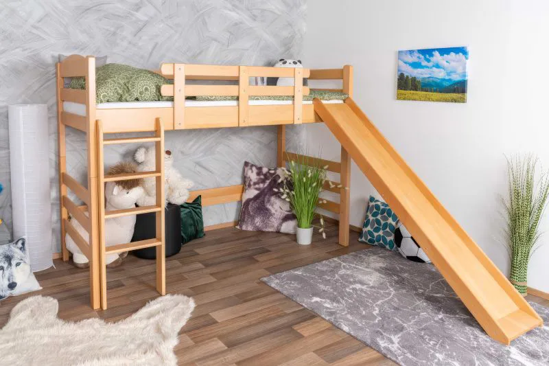 Hochbett mit Rutsche 90 x 190 cm, Buche Massivholz Natur lackiert, umbaubar, "Easy Premium Line" K30/n