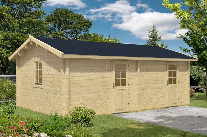 Holz-Gartenhaus 4,53 x 6,6 Meter (inkl. Dach) | 2 Fenster | 70 mm Blockbohlen |natur unbehandelt | Satteldach | inkl. Fußboden | aus nordischer Fichte Abbildung