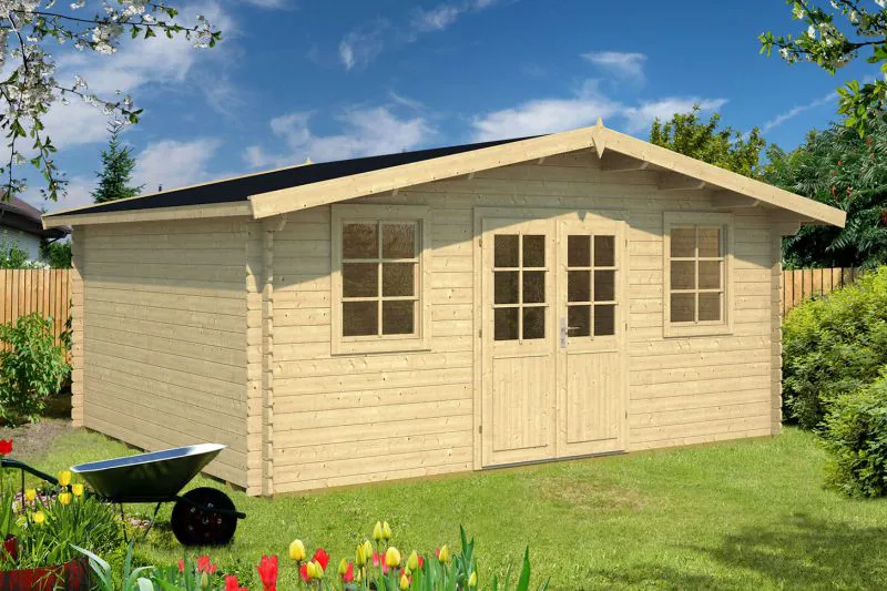 Holz-Gartenhaus 4,5 x 5,34 Meter (inkl. Dach) | 2 Fenster | 28 mm Blockbohlen |natur unbehandelt | Satteldach | inkl. Fußboden | aus nordischer Fichte Abbildung