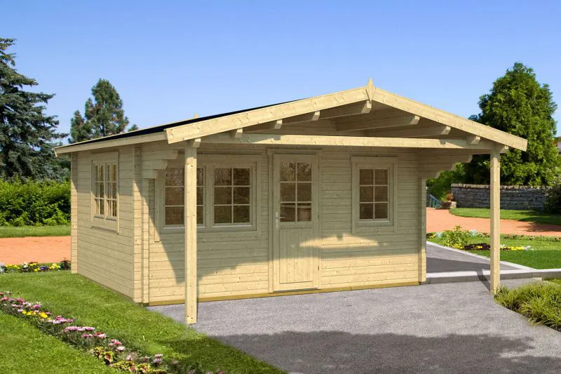 Holz-Gartenhaus 6 x 5,48 Meter (inkl. Dach) | 3 Fenster | 70 mm Blockbohlen |natur unbehandelt | Satteldach | inkl. Fußboden | aus nordischer Fichte Abbildung