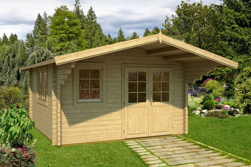 Holz-Gartenhaus 5,3 x 4,26 Meter (inkl. Dach) | 2 Fenster | 70 mm Blockbohlen |natur unbehandelt | Satteldach | inkl. Fußboden | aus nordischer Fichte Abbildung
