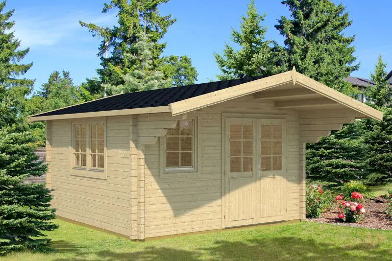 Holz-Gartenhaus 5,5 x 4,48 Meter (inkl. Dach) | 2 Fenster | 70 mm Blockbohlen |natur unbehandelt | Satteldach | inkl. Fußboden | aus nordischer Fichte Abbildung