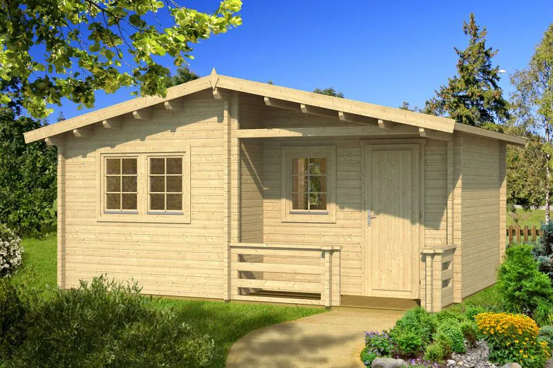 Gartenhaus 4,8 x 6,49 Meter (inkl. Dach) | 4 Fenster | 70 mm Blockbohlen |natur unbehandelt | Satteldach | inkl. Fußboden | aus nordischer Fichte Abbildung